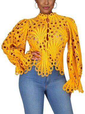 🆕Women’s Dark Yellow Lace Ruffle Puff Long Sleeve Button Down Tops Flare Tunic